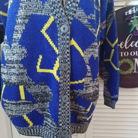 Vintage Tangiers 80's Style Blue / Yellow Retro Geometric Cardigan Grandpa Cozy - Picture 3 of 11